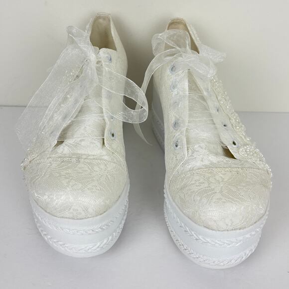 Forever & Always White Lace Platform Sneakers Bridal Bride Wedding Bachelorette - Picture 2 of 14